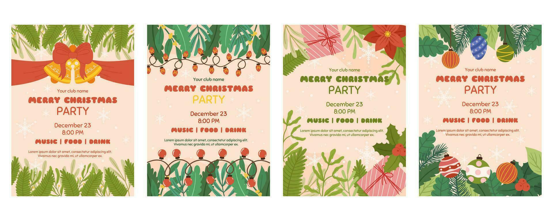 Christmas poster template with copy space, Invitation for Xmas party. Vertical flyer decorated with bell with red bow and ribbon, spruce plants branches, gift boxes, light garland vector