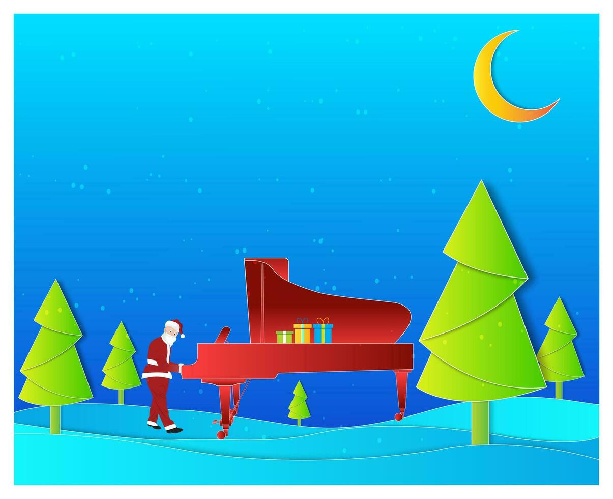 Merry Christmas and Happy New year with Santa Claus play Grand Piano. composition in paper cut style. Vector illustration.