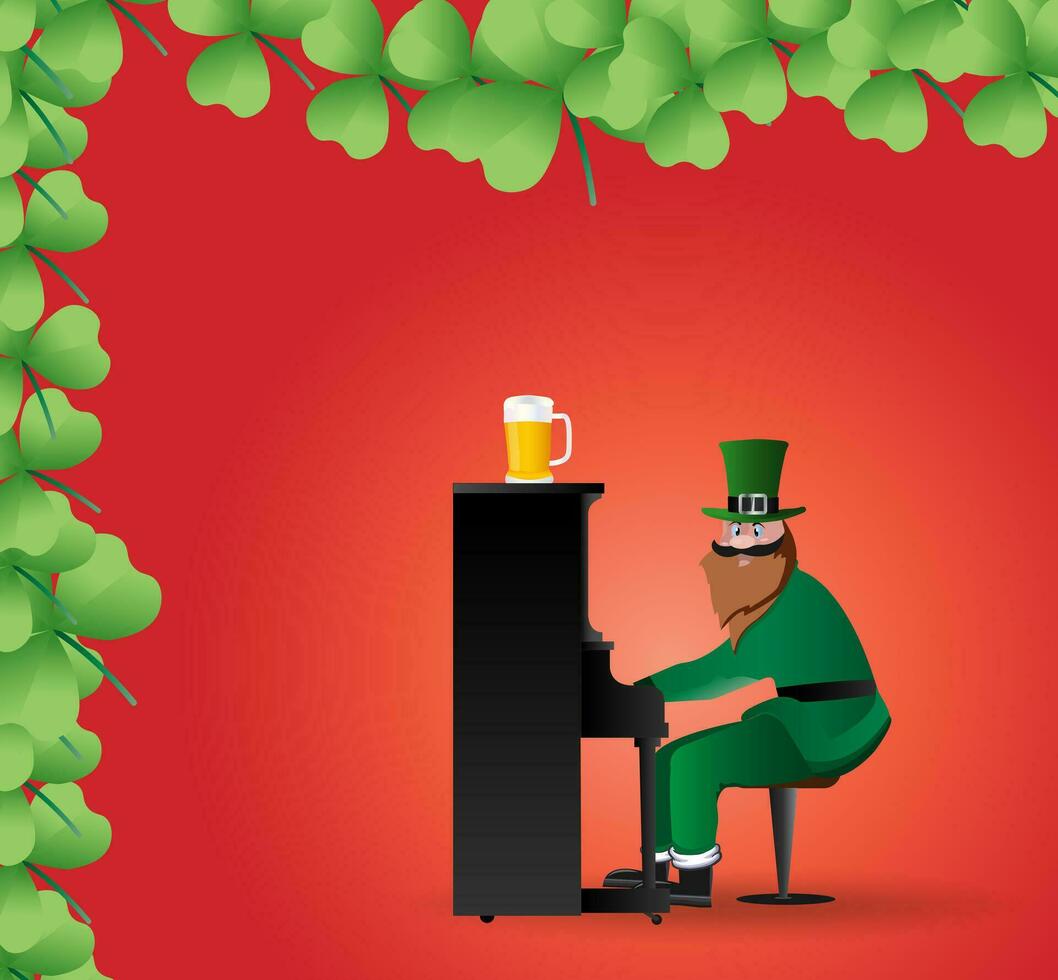 St. Patrick Day poster and Leprechaun's hat, clover design elements with piano player, Irish background holiday. Vector illustration.
