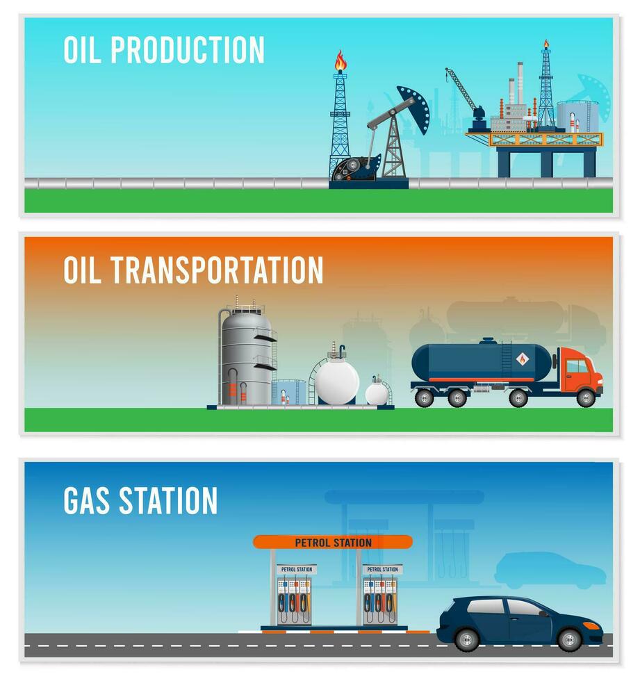 Petroleum industry segments horizontal banners set with oil production, transportation, and gas station. vector illustration EPS 10