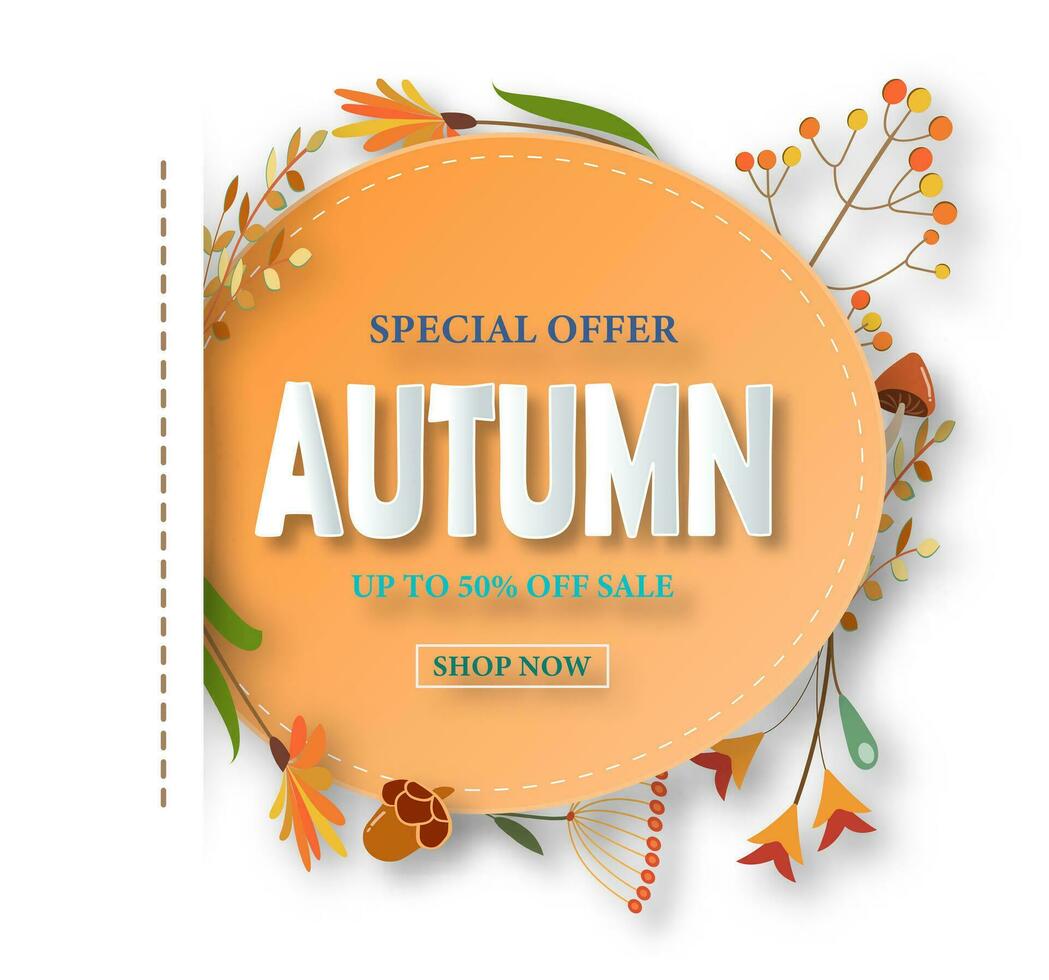 Autumn sale background of floral elements for your graphic design, shopping sale, promo poster or web banner. Vector illustration EPS 10.