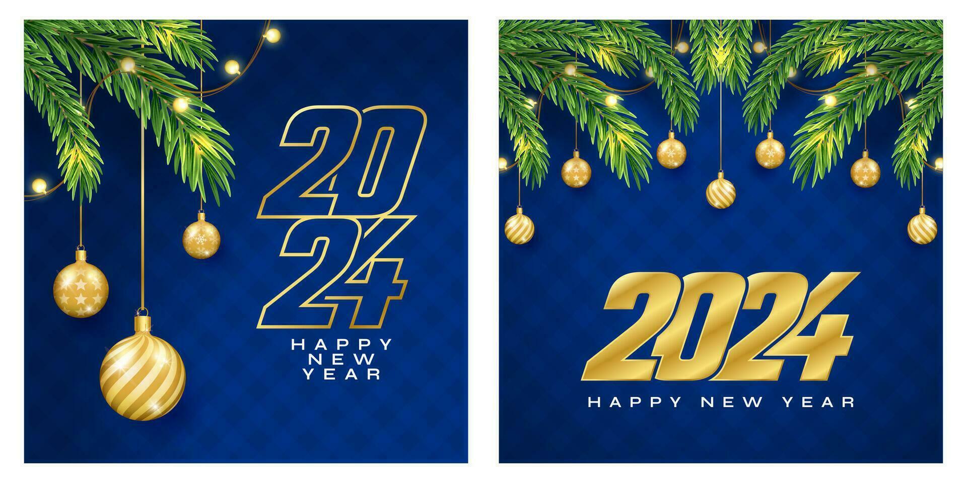 2024 greeting, Merry Christmas and Happy New Year with Christmas branch, balls, snowflakes. For sale, banner, posters, cover design templates, social media wallpaper stories vector