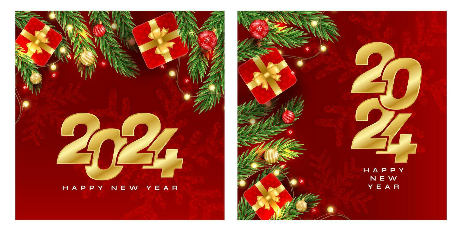 2024 saludo, alegre Navidad y contento nuevo año con Navidad rama, pelotas, copos de nieve. para venta, bandera, carteles, cubrir diseño plantillas, social medios de comunicación fondo de pantalla cuentos vector