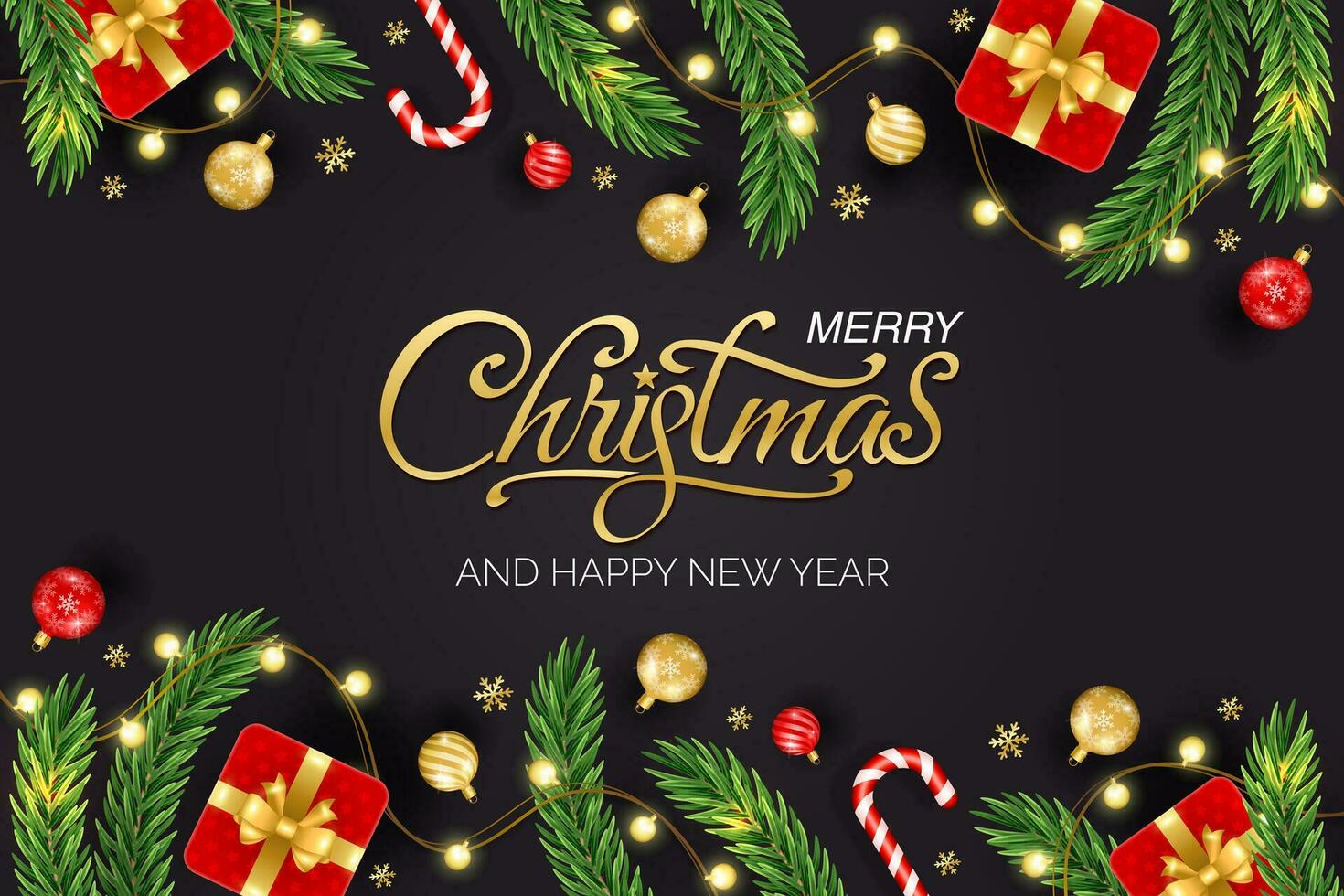 Merry Christmas and Happy New Year greeting background with Christmas branch, balls, snowflakes. For sale, banner, posters, cover design templates, social media wallpaper stories vector