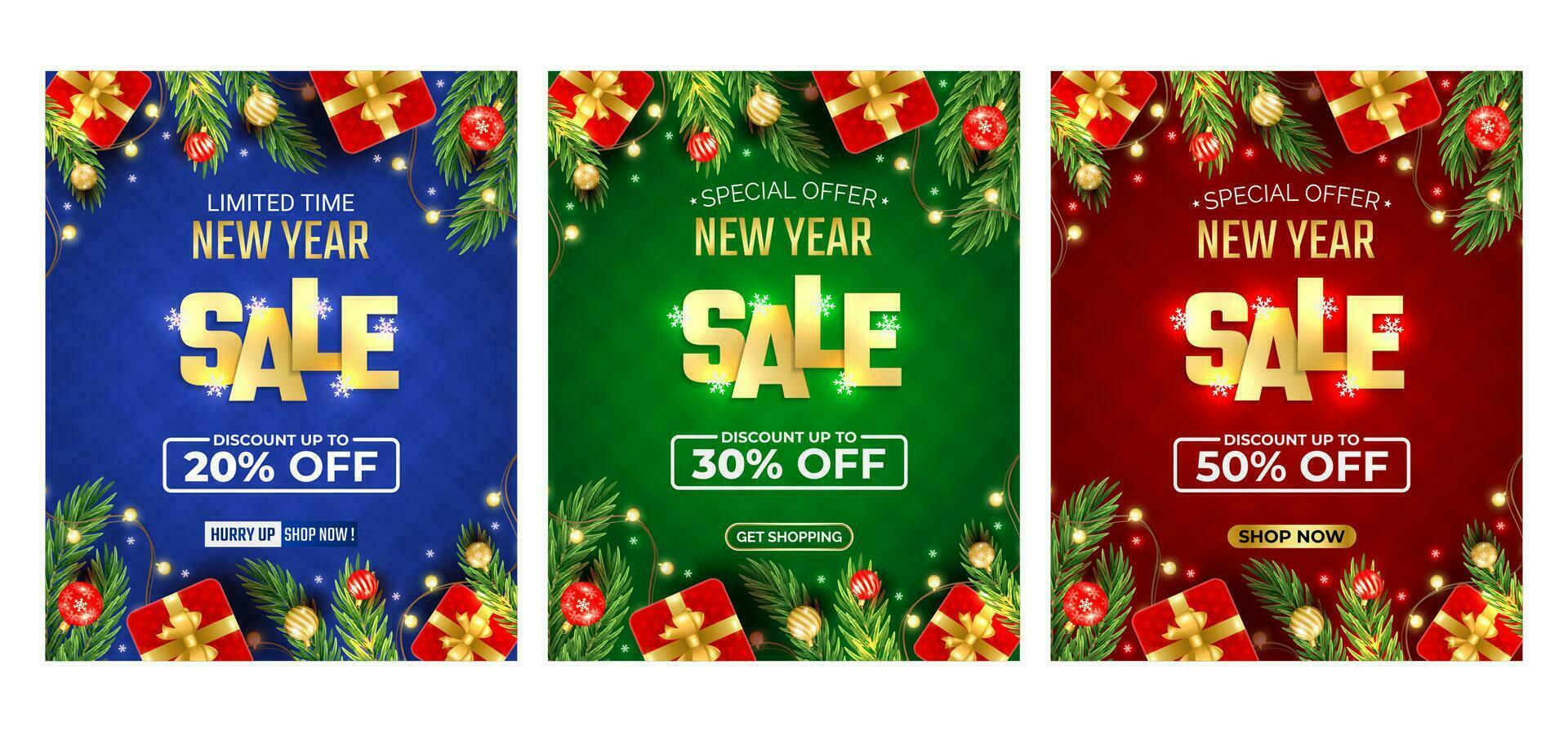 NEW YEAR 2024 SALE, Merry Christmas and Happy New Year concept with Christmas branch, balls, snowflakes. For sale, banner, posters, cover design templates, social media wallpaper stories vector