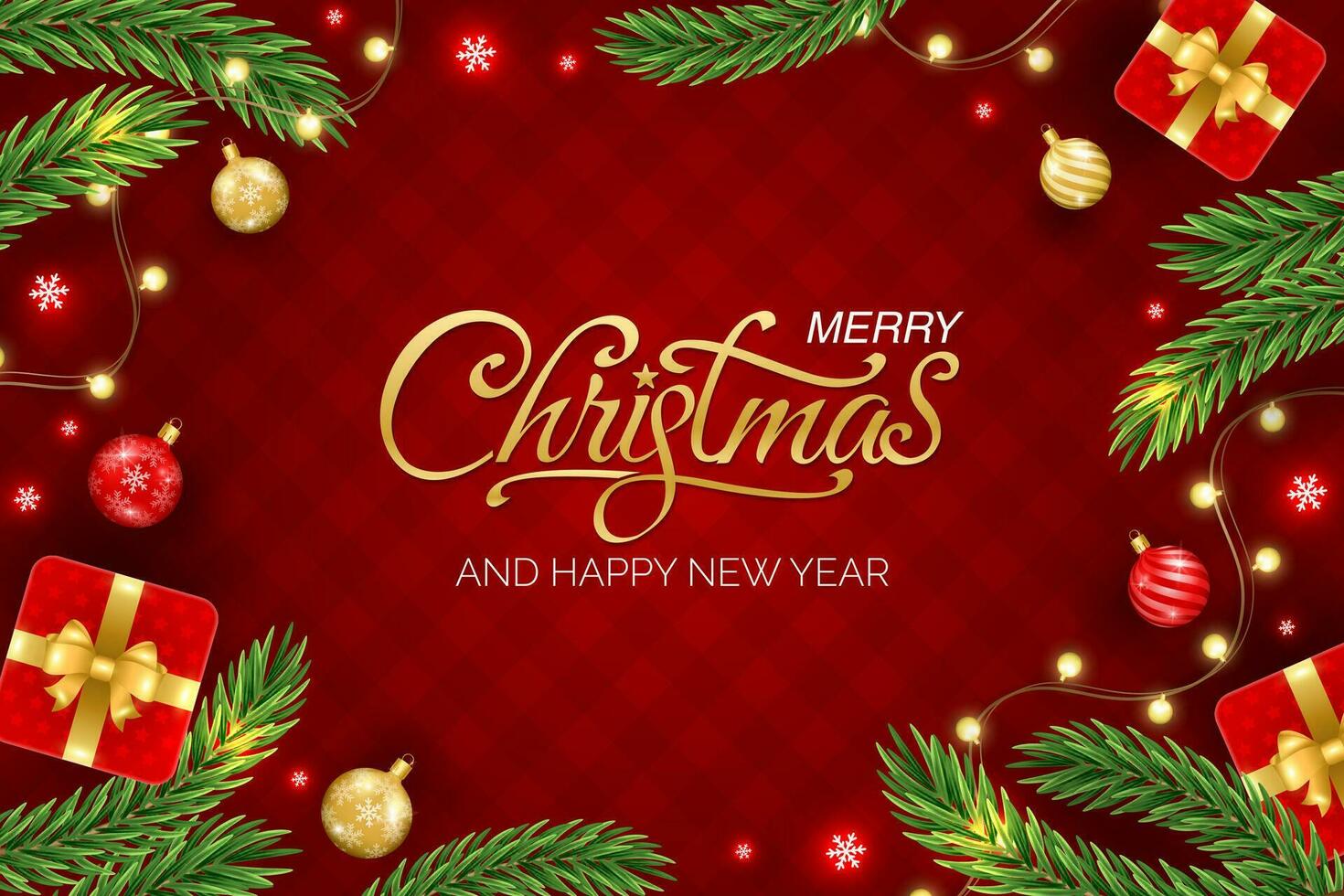 Merry Christmas and Happy New Year greeting background with Christmas branch, balls, snowflakes. For sale, banner, posters, cover design templates, social media wallpaper stories vector