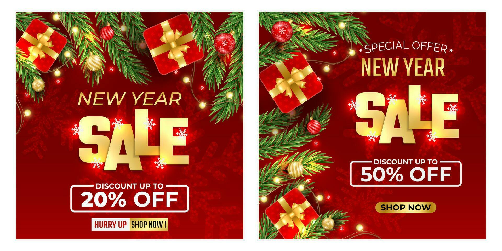 NEW YEAR 2024 SALE, Merry Christmas and Happy New Year concept with Christmas branch, balls, snowflakes. For sale, banner, posters, cover design templates, social media wallpaper stories vector