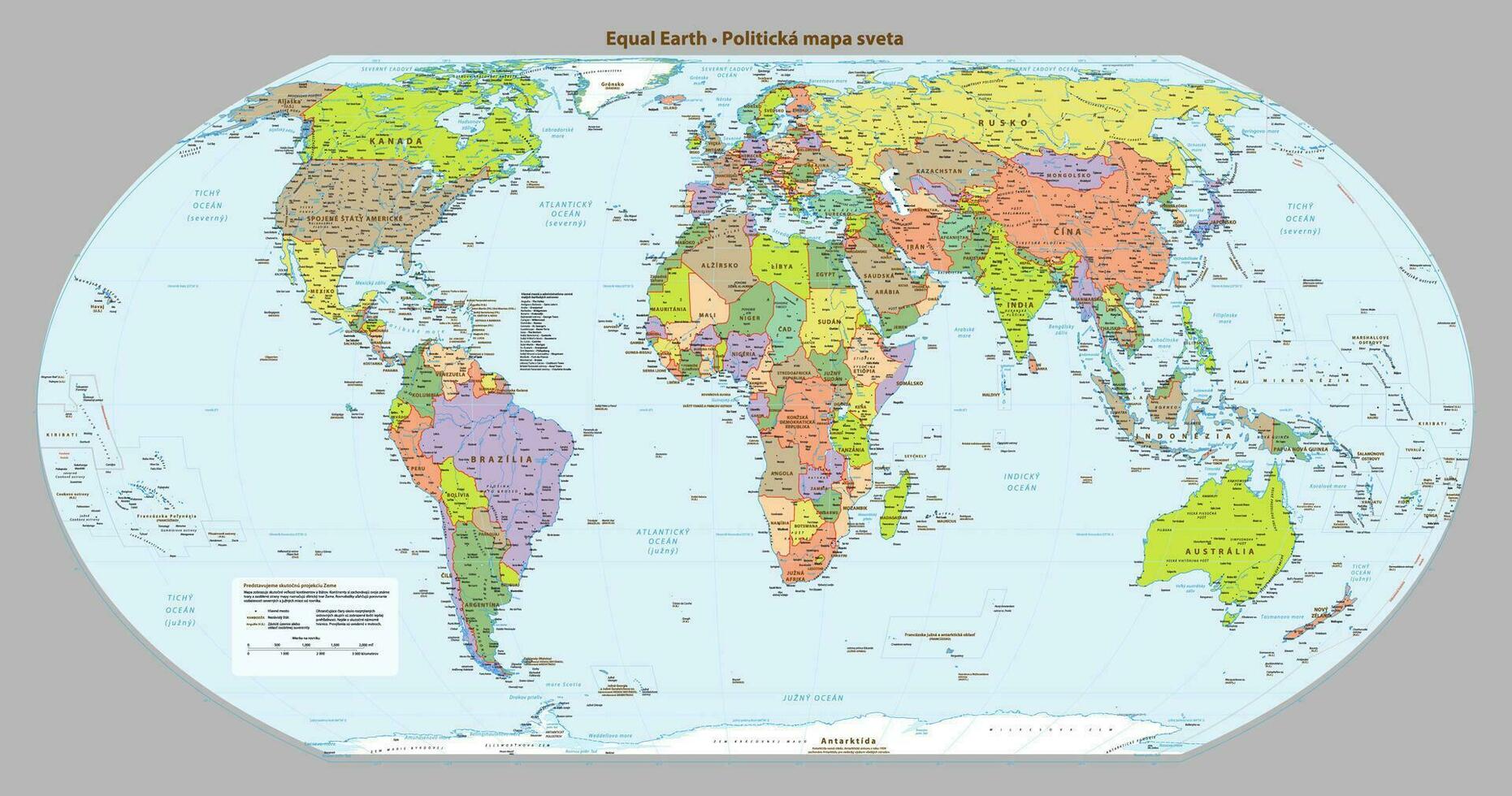 Slovak language Political map of the world Equal earth projection vector