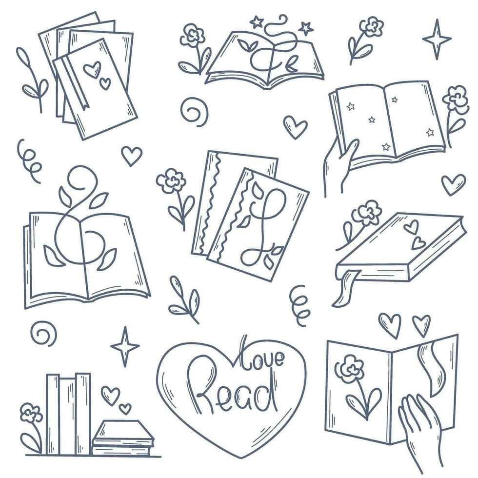 Reading and books doodle sketch style set vector