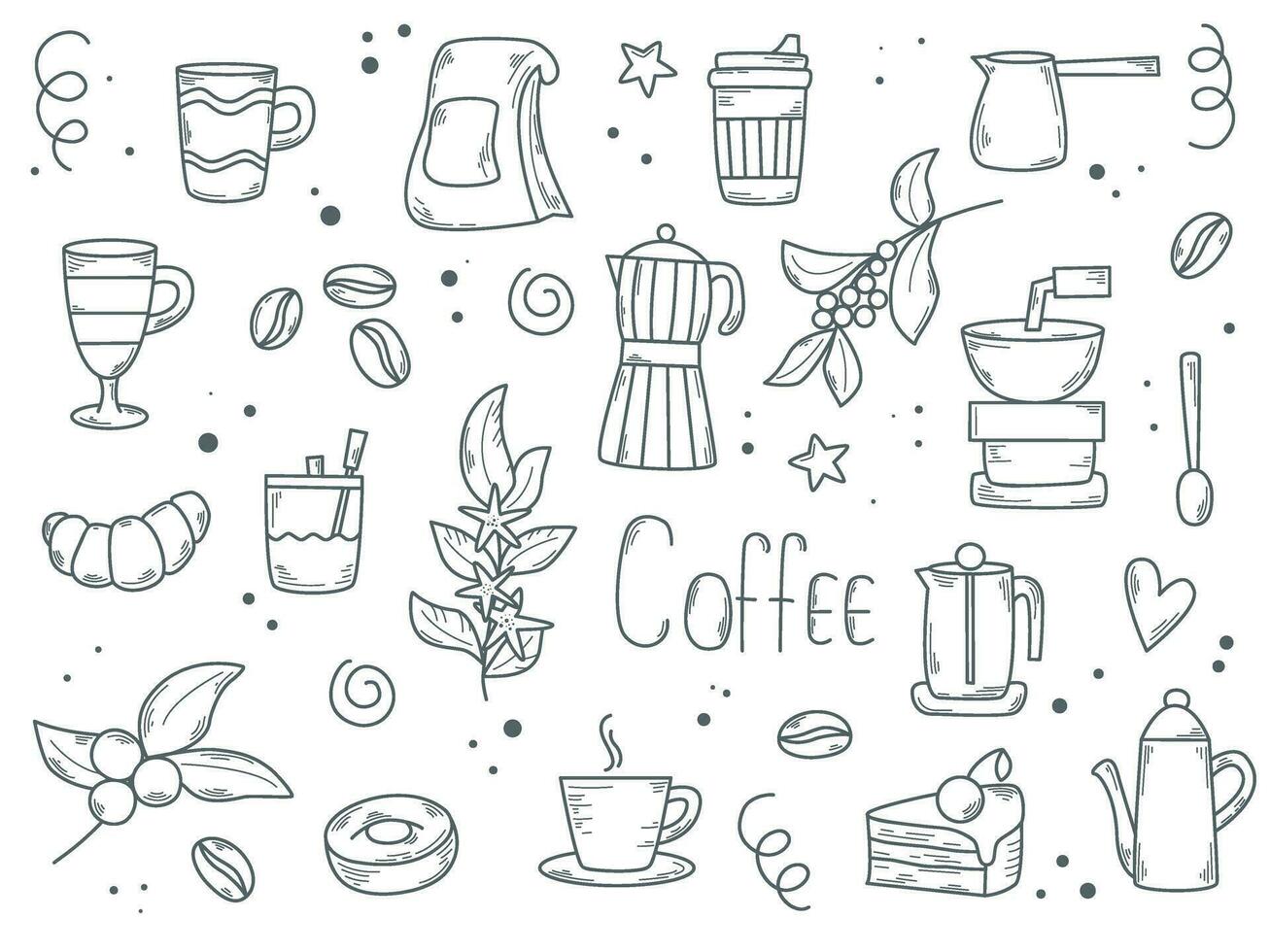 Coffee doodle sketch style set vector
