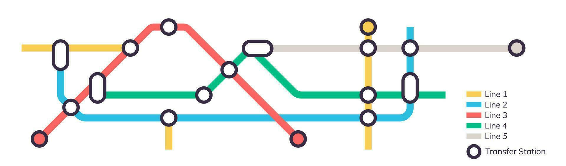 esquema de estaciones de metro y plano de metro con líneas coloridas, mapa de metro ficticio de metro, diseño de rutas de transporte público de pasajeros, vías de tren de metro plano ilustración vectorial plana. vector