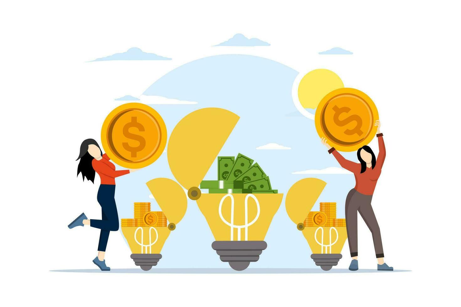 concept of creative ideas and financial investment. Business people collect money and put it into light bulbs, success, investment, deposit, business idea, business planning. flat vector illustration.