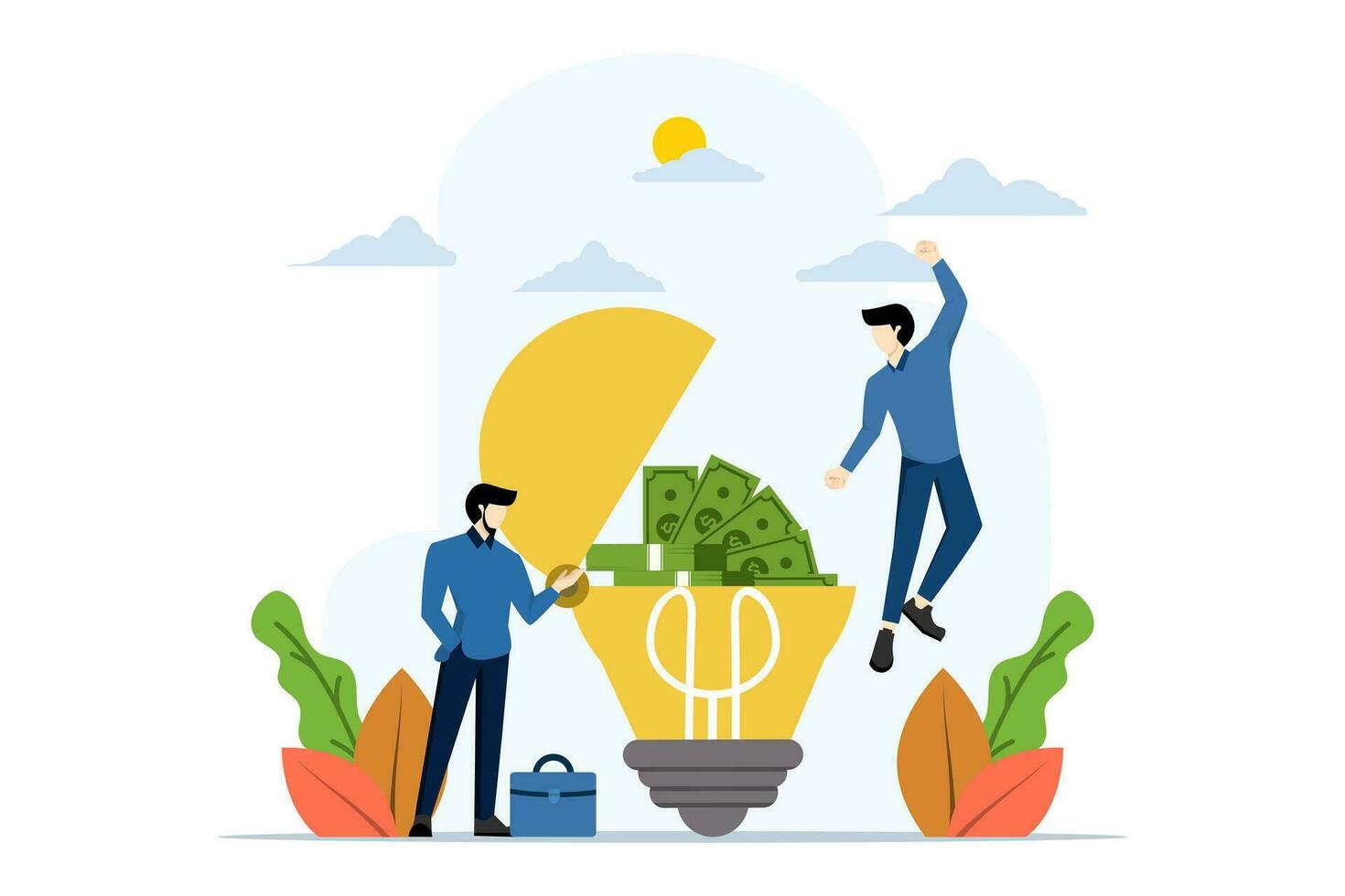 concept of creative ideas and financial investment. Business people collect money and put it into light bulbs, success, investment, deposit, business idea, business planning. flat vector illustration.