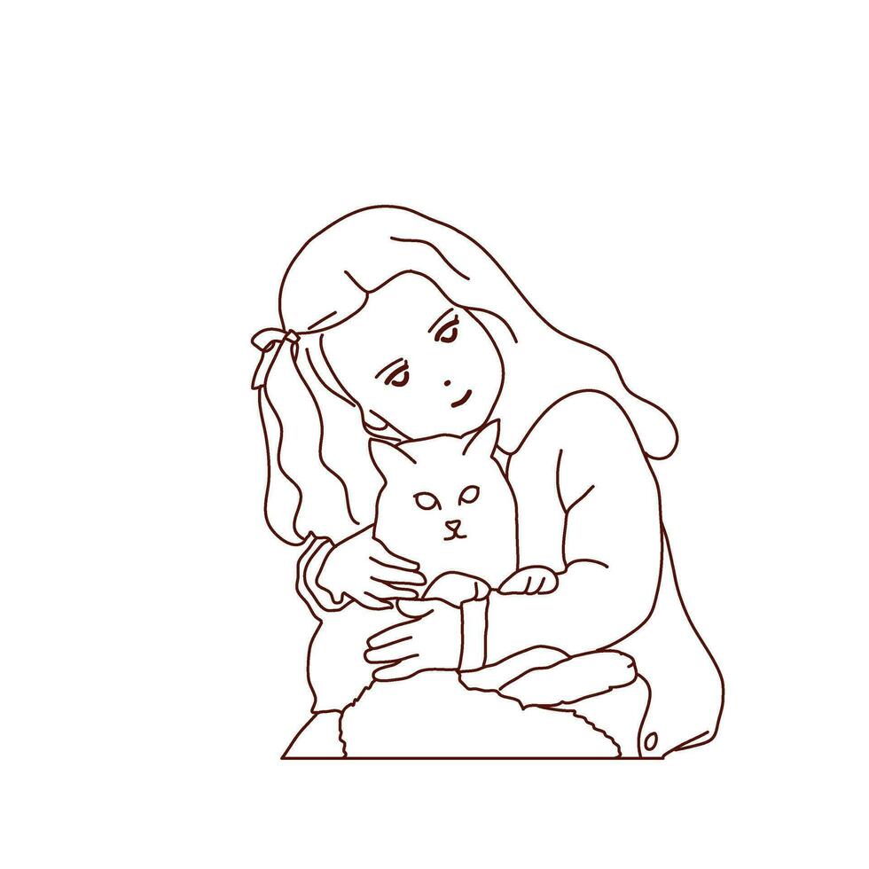 Cute girl and cat, comfort and coziness. vector