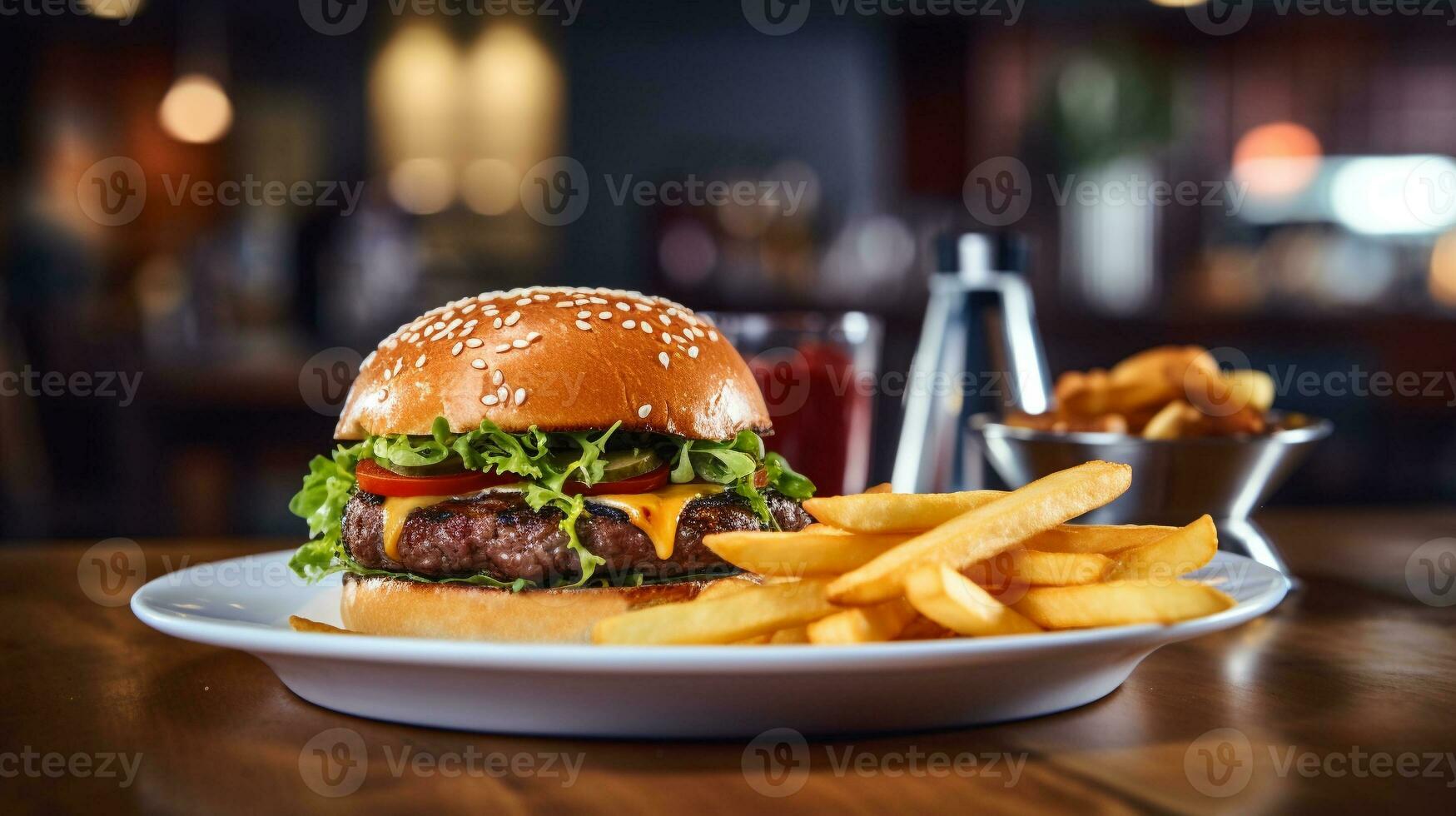 AI generated burger with fries on wooden plate on blur background photo