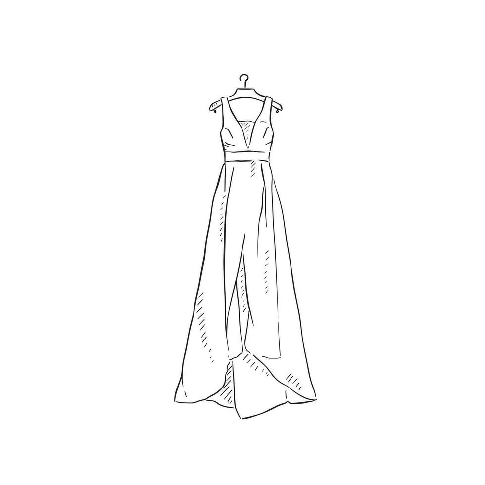 A line drawn wedding dress on a hanger. Hand drawn classic dress in black and white. vector