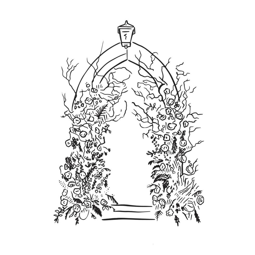 A black and white line drawing of a church door with wild floral arrangements either side. Hand drawn on Procreate with an Apple pencil. vector