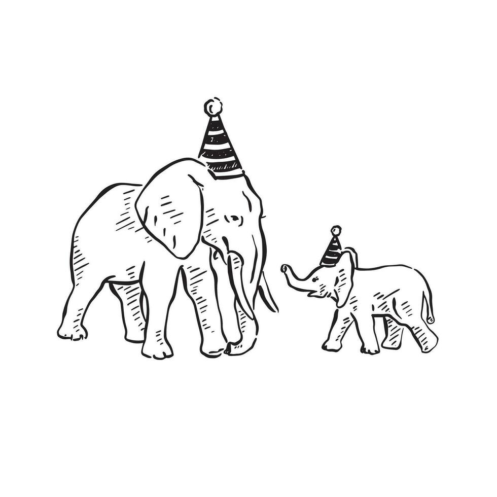 A line drawn sketch of two elephants - a mother and baby wearing party hats. Drawn by hand on Procreate, featuring a mother African elephant and African baby elephant. vector