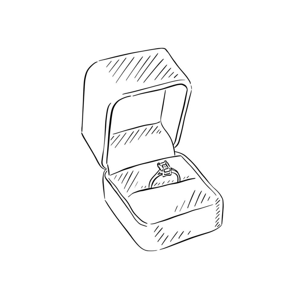A line drawn ring box. Hand drawn on Procreate using an apple pencil. Shaded in black and white. This vector would be perfect for wedding themed stationery, blogs and websites.