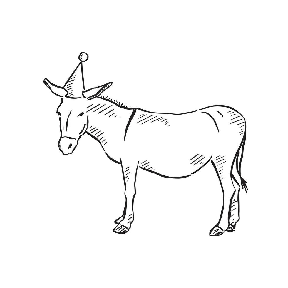 A line drawn donkey wearing a party hat. Hand drawn on Procreate and perfect for DIY invitations to a celebration or even wall art for a children's room. vector