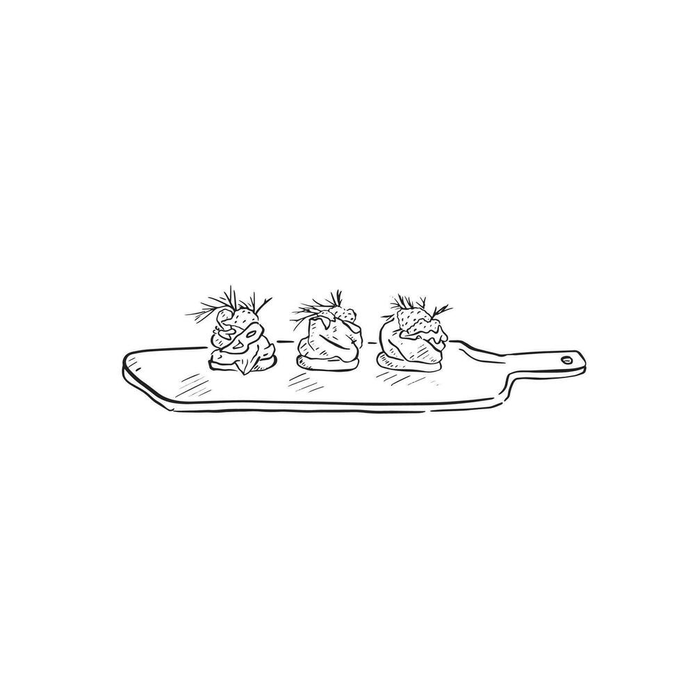 A line drawn illustrative vector of three canapes on a wooden chopping board-style tray. Black and white line drawing created by hand.