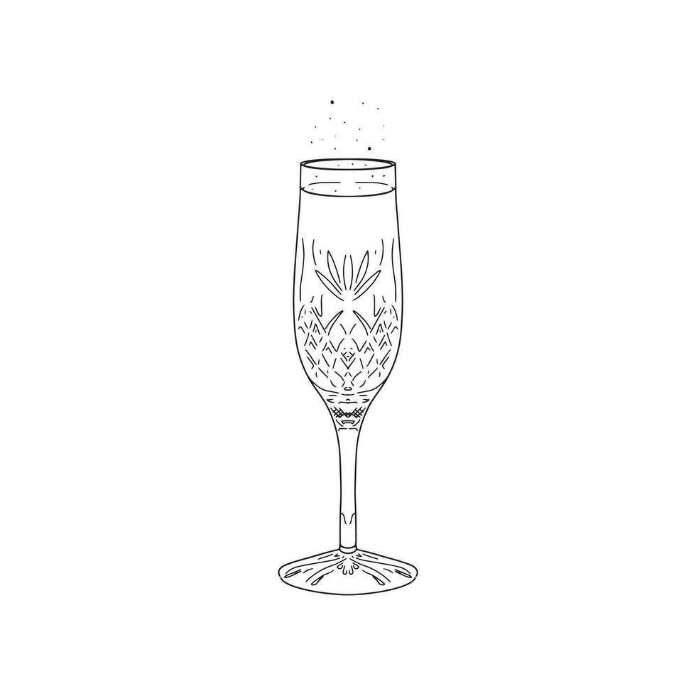 A line drawn illustration of a cut glass or crystal champagne flute containing champagne or Prosecco. Bubbles are popping at the top. Hand drawn on Procreate using an Apple Pencil. vector