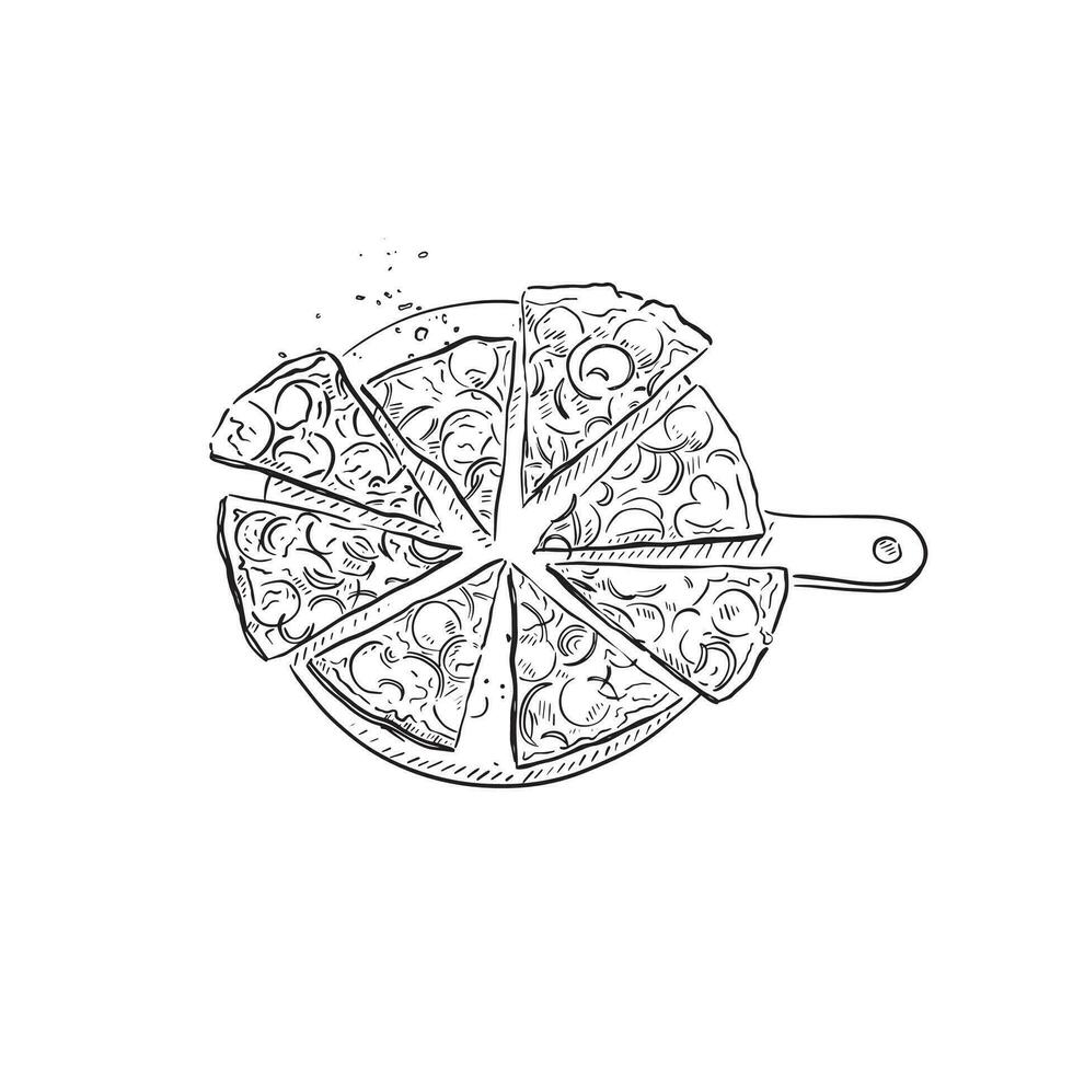 A line drawn illustration of a pizza, cut into slices on a wooden board. Hand drawn in black and white and created on Procreate using an Apple Pencil. vector