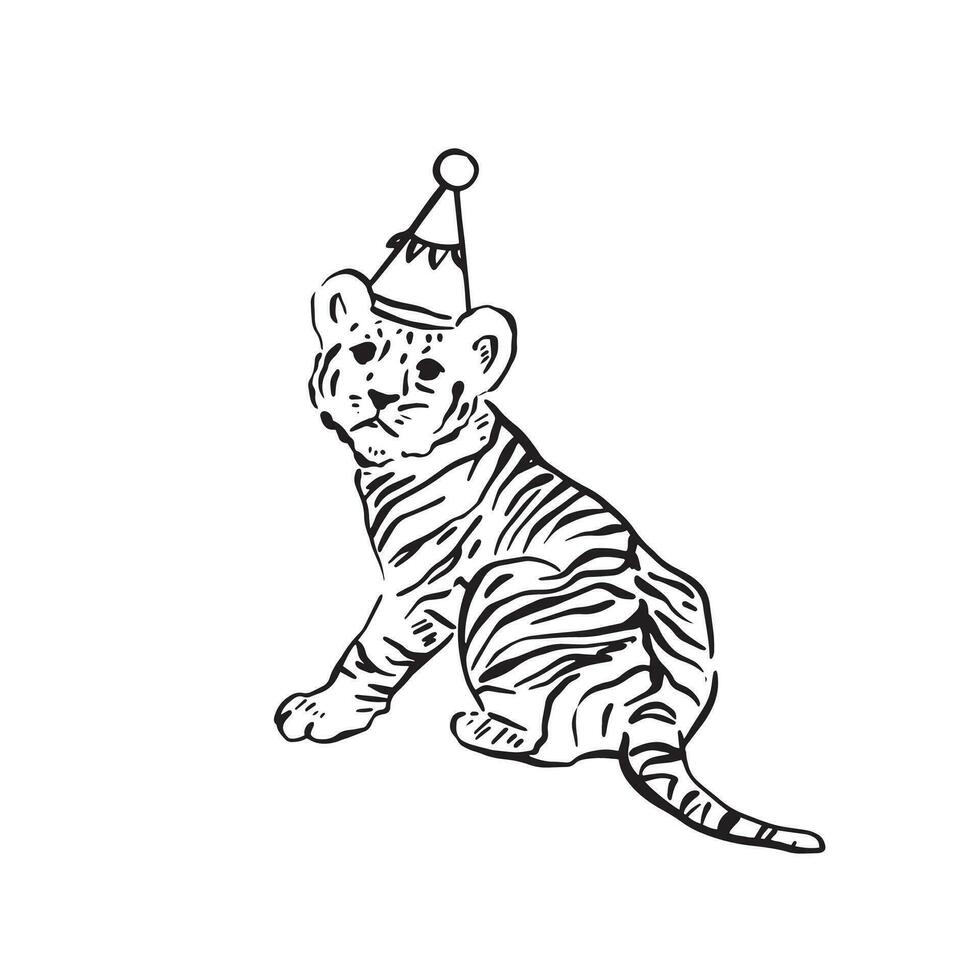 A line drawn tiger cub wearing a party hat. Hand drawn on Procreate and perfect for printable wall art or a kids birthday party invitation and signage. vector