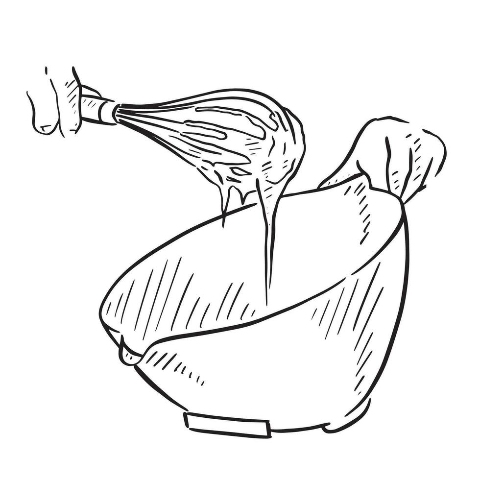 A line drawing of hands whisking some batter. Dripping from the whisk and into a bowl. vector