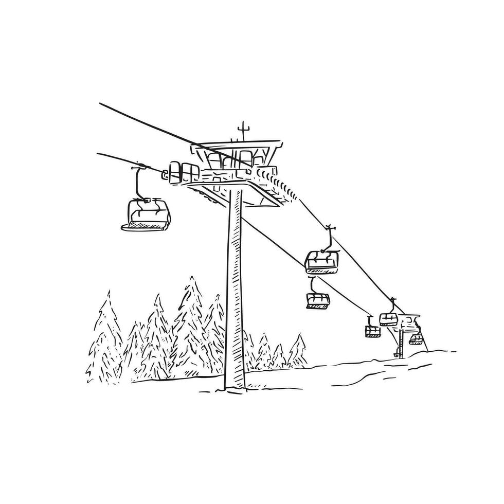 A line drawn illustration of a winter ski scene - an alpine scene with gondolas and winter fur trees. Hand drawn in black and white. vector