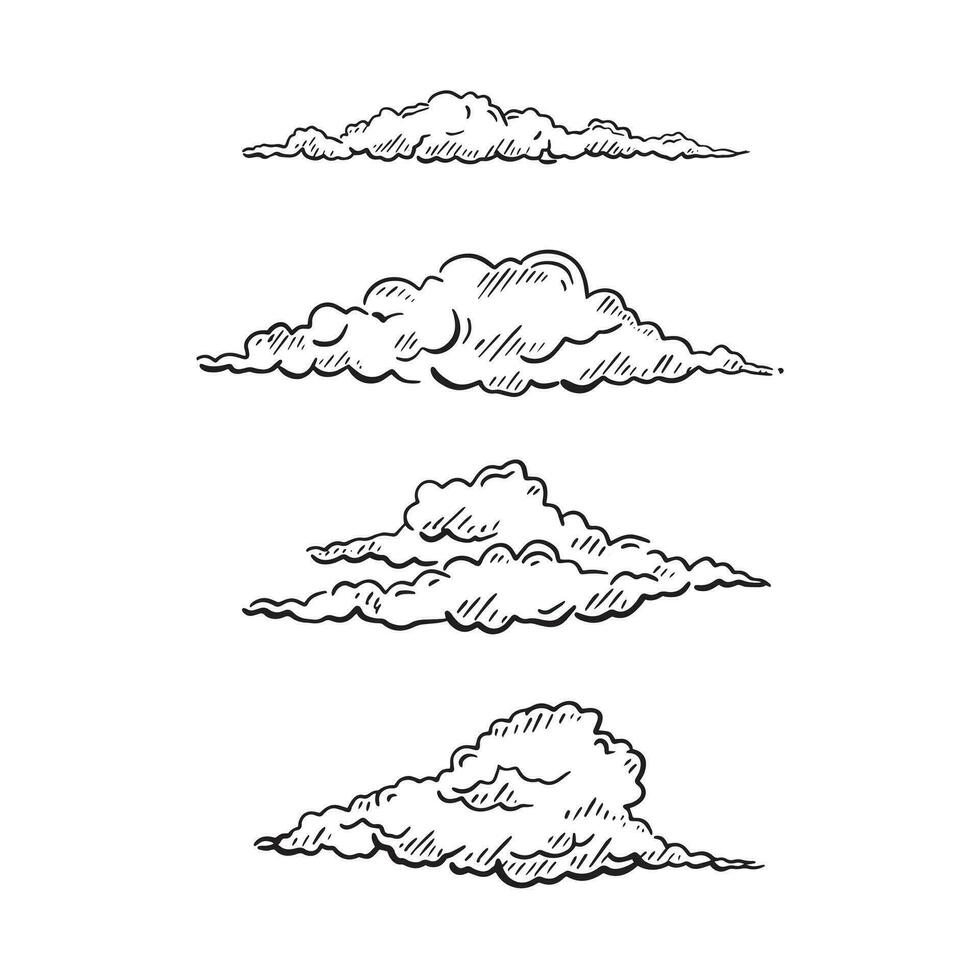 cuatro línea dibujado nubes en negro y blanco. dibujado por mano en procrear en un incompleto estilo. haz de cuatro vector