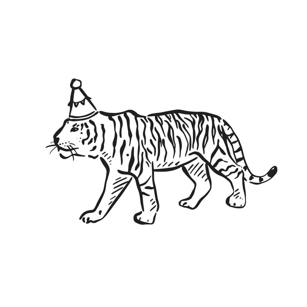 un línea dibujado Tigre vistiendo un fiesta sombrero. Perfecto para un niños fiesta, bricolaje invitaciones y fiesta o evento señalización dibujado por mano en negro y blanco. vector