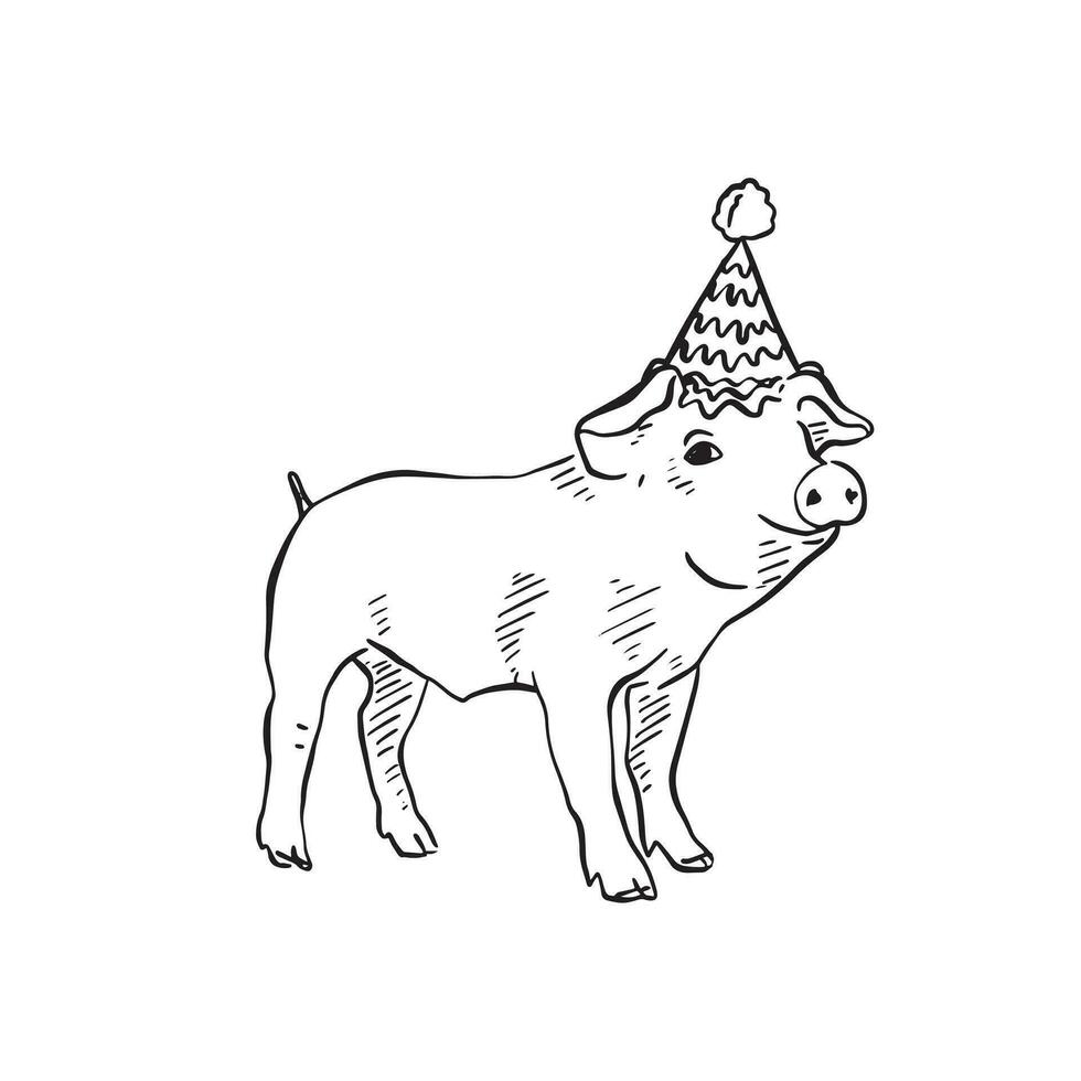 A hand drawn piglet wearing a party hat. Line drawn sketch in black and white and perfect for use on party invites for a kids party or party signage vector