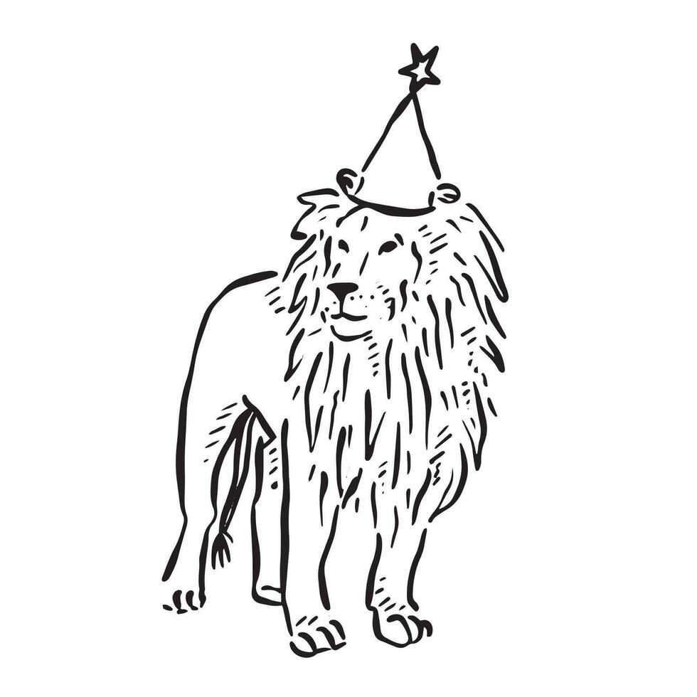 A line drawn sketch of a lion wearing a party hat with a star on the top. Drawn by hand onProcreate and perfect for DIY birthday or party celebrations. vector