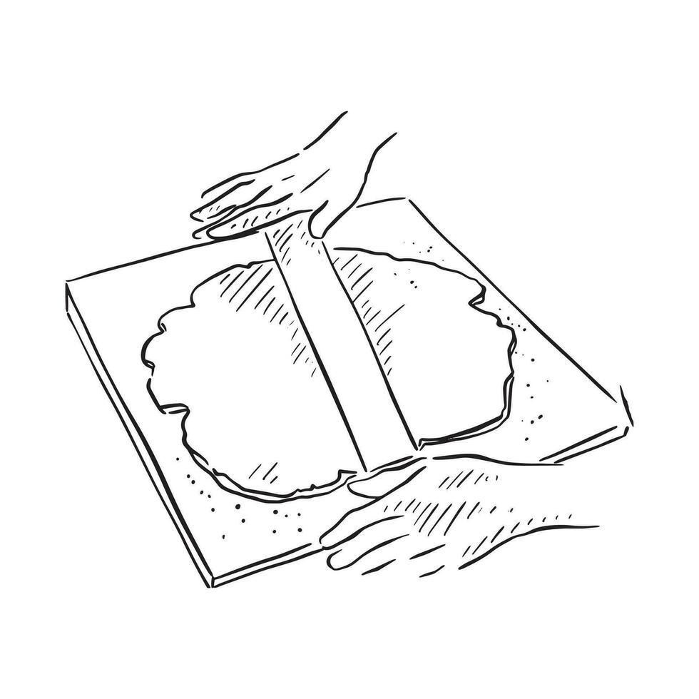 A line drawn illustration of hands, a rolling pin and pastry indicating pastry rolling. vector