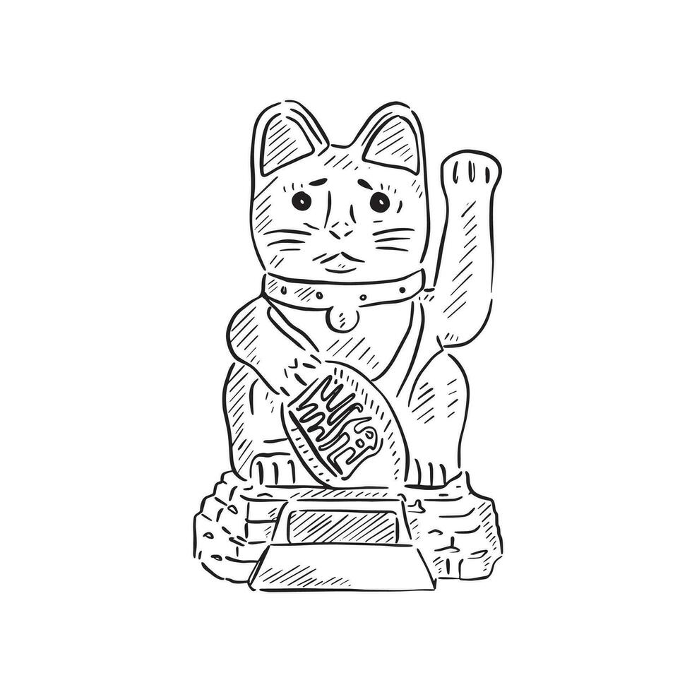 A line drawn illustration of a classic Japanese trinket - the Lucky Cat. Hand drawn on Procreate using an Apple Pencil and featuring line shading in black and white. vector