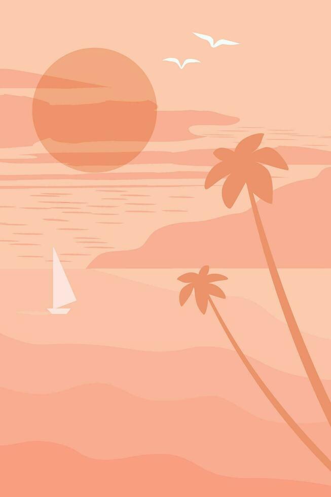 Vertical abstract poster with a seascape against the background of silhouettes of palm trees. Vector graphics.