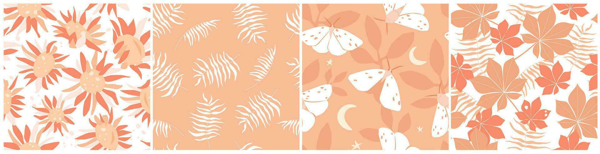 A set of seamless patterns with natural abstract plant prints. Butterflies, flowers on a background of exotic leaves. Vector graphics.