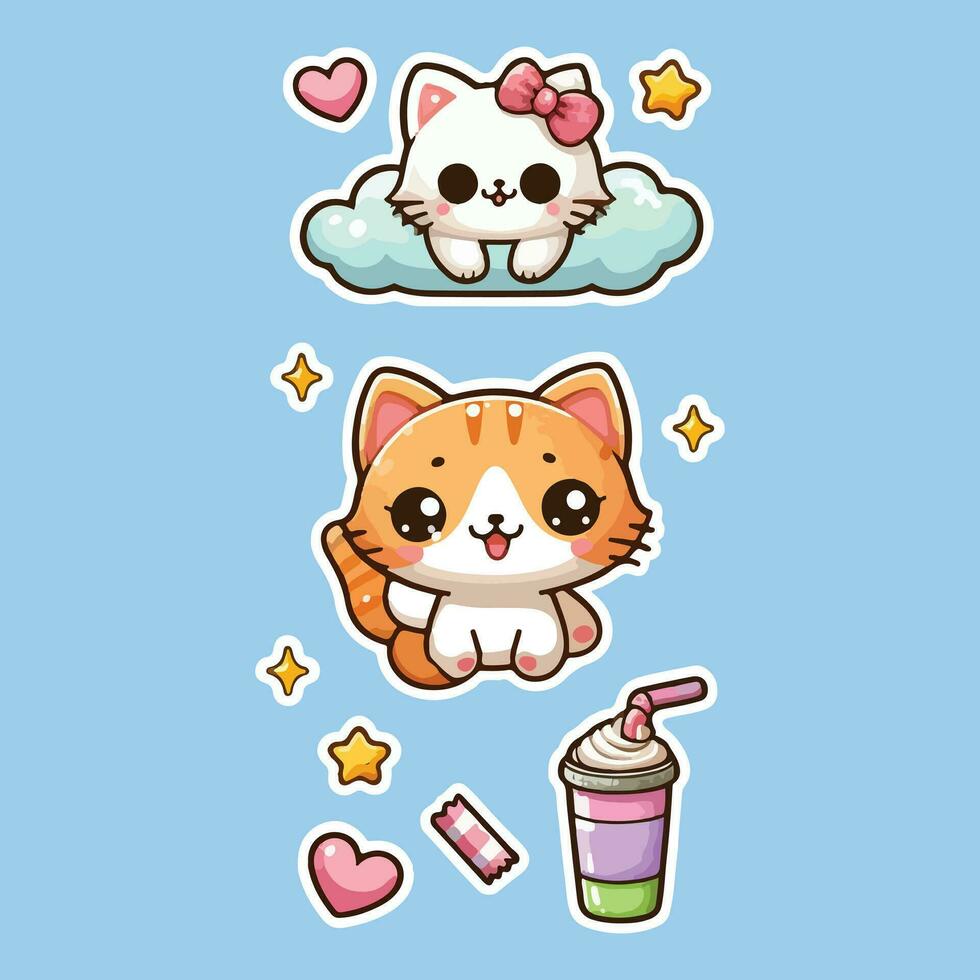 cute cat stickers with white borders. vector