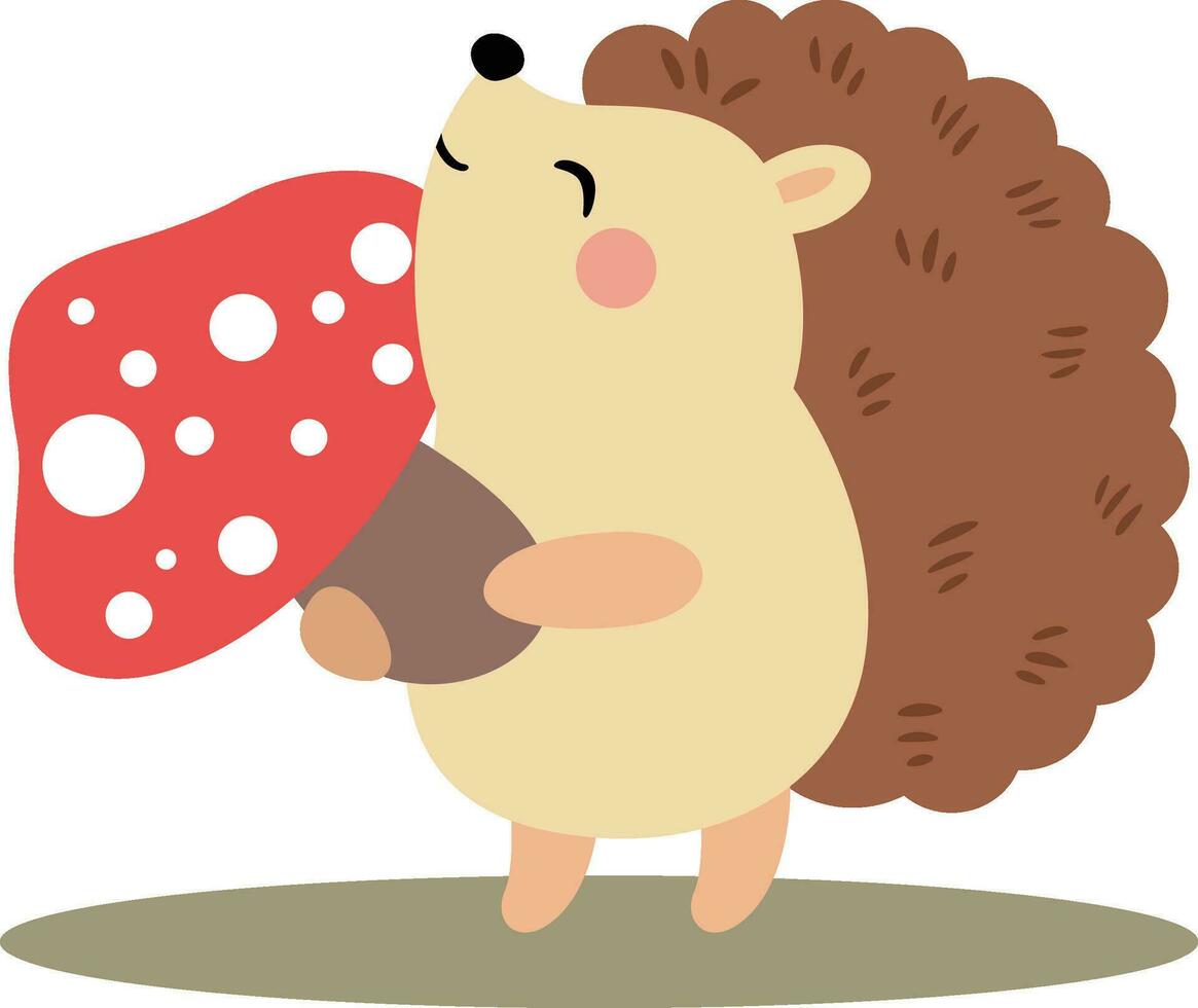 Happy brown hedgehog holding a red mushroom vector