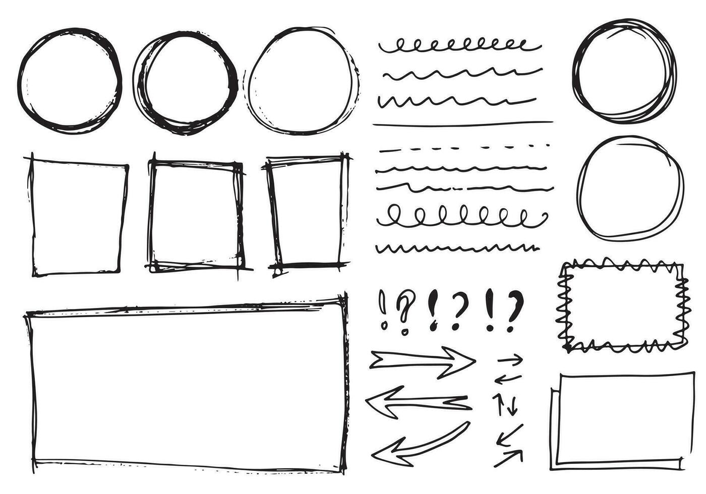Doodle vector lines and curves.Hand drawn check and arrows signs. Set of simple doodle lines, curves, frames and spots. Collection of pencil effects. Doodle border. Simple doodle set.