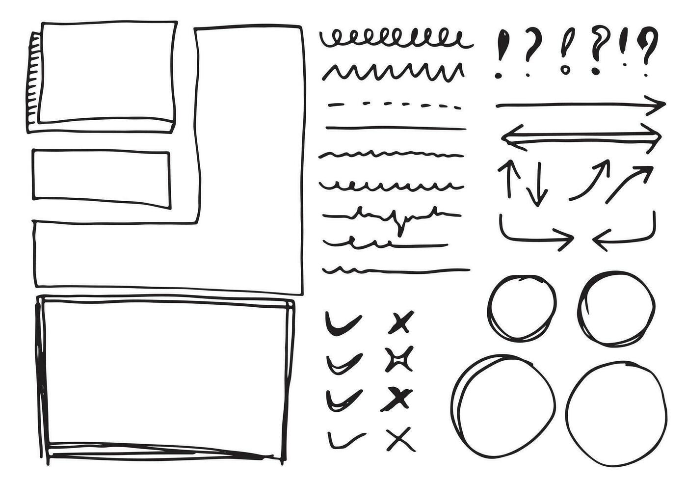 Doodle vector lines and curves.Hand drawn check and arrows signs. Set of simple doodle lines, curves, frames and spots. Collection of pencil effects. Doodle border. Simple doodle set.
