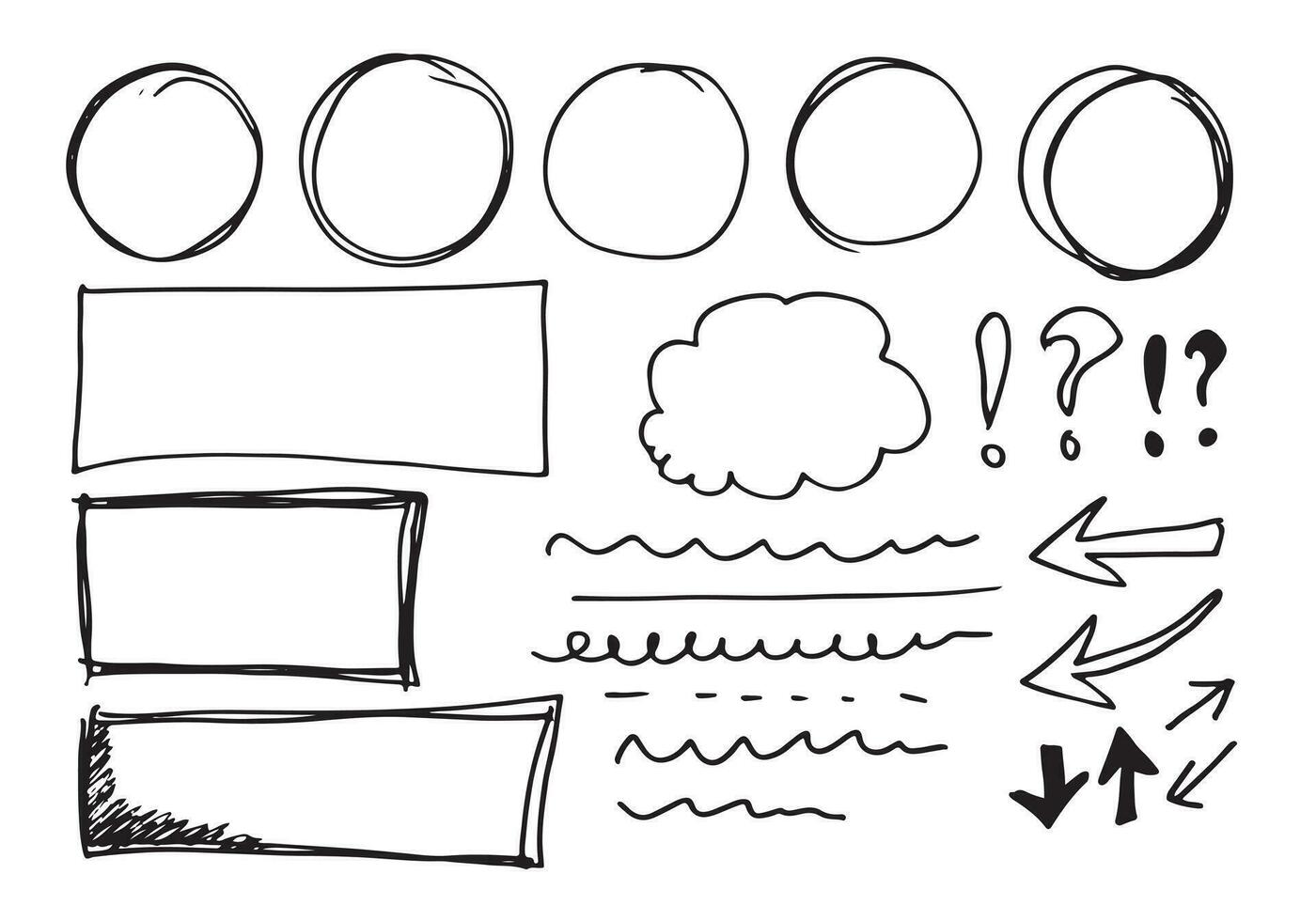 Doodle vector lines and curves.Hand drawn check and arrows signs. Set of simple doodle lines, curves, frames and spots. Collection of pencil effects. Doodle border. Simple doodle set.