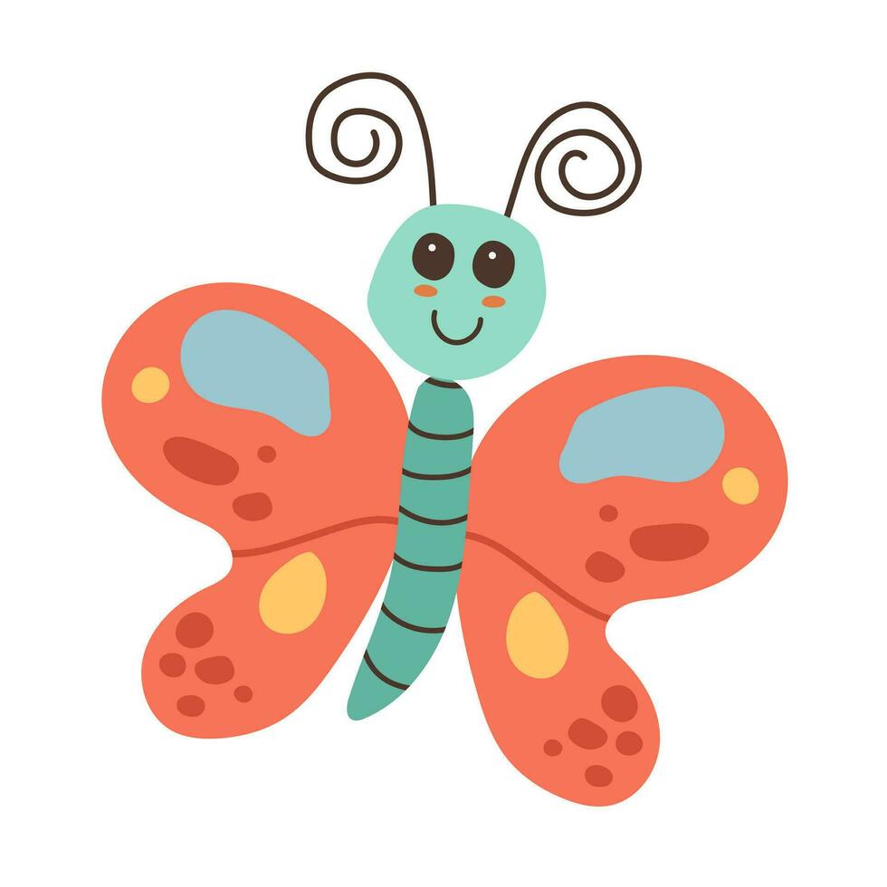 Cartoon colorful butterfly isolated on a white background. Cute smiling character for childish design. Flat vector illustration.