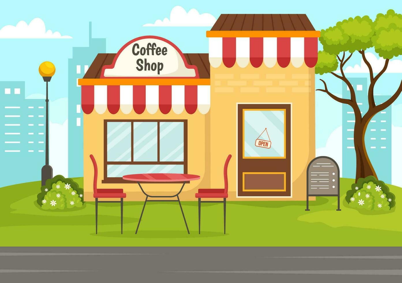 café tienda vector ilustración con interior y mueble adecuado para póster o anuncio en plano dibujos animados antecedentes diseño