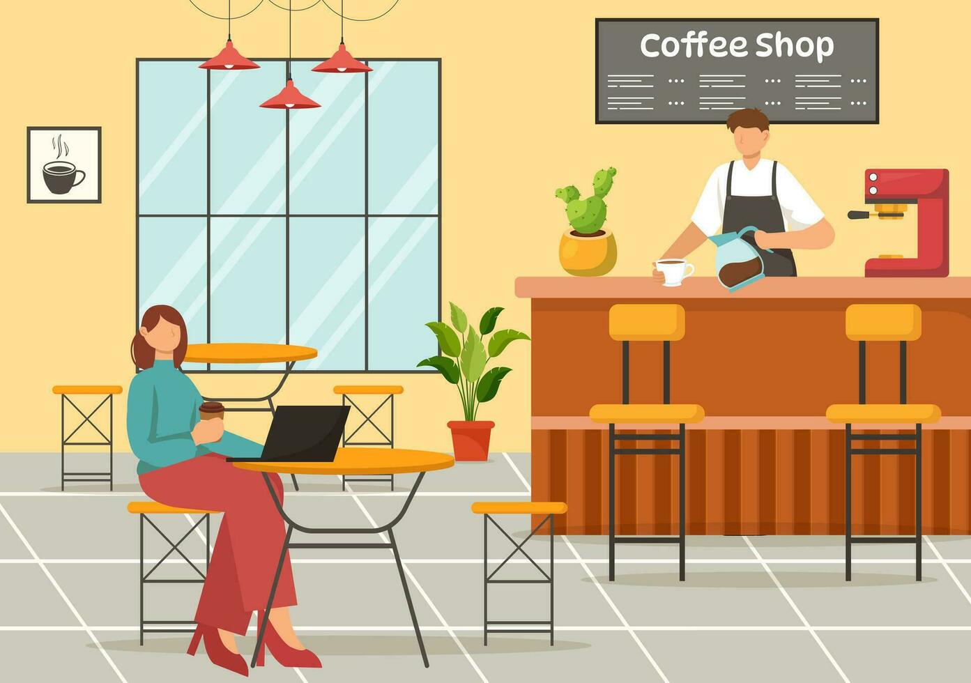 café tienda vector ilustración con interior y mueble adecuado para póster o anuncio en plano dibujos animados antecedentes diseño