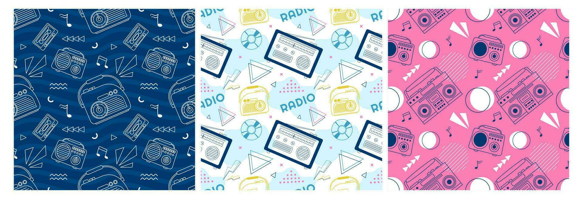 Set of Radio Seamless Pattern Illustration Design with Player for Record and Listening to Music in Flat Cartoon Template vector