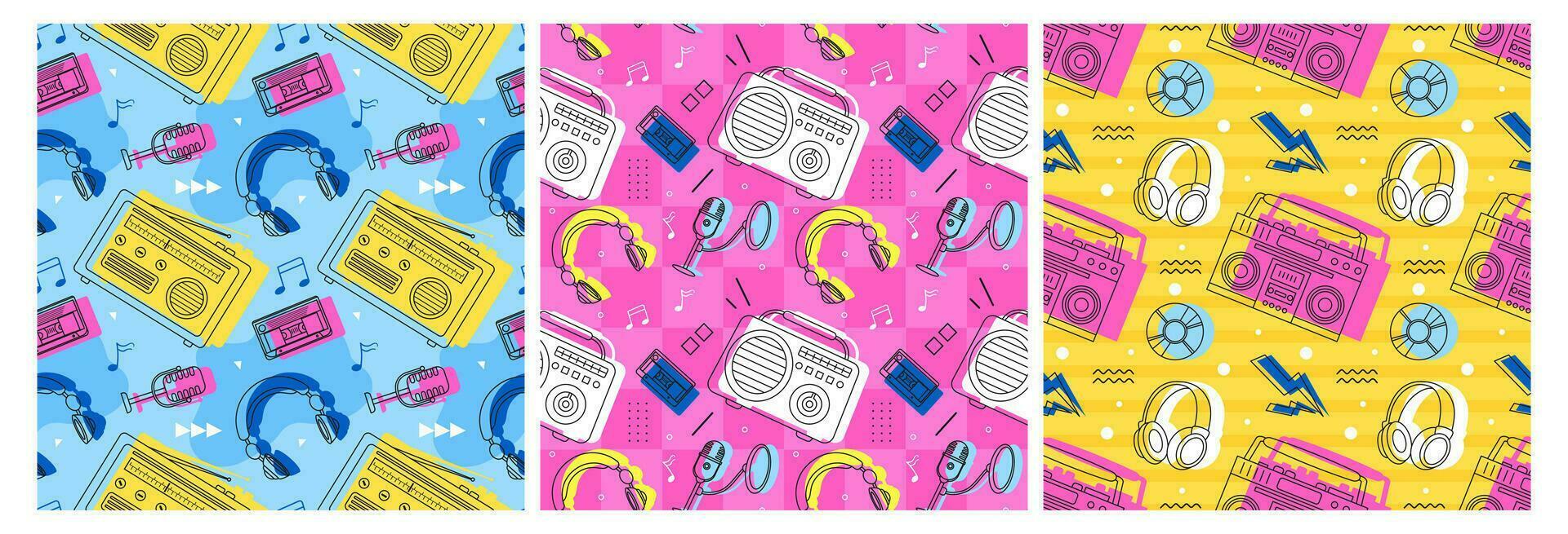 Set of Radio Seamless Pattern Illustration Design with Player for Record and Listening to Music in Flat Cartoon Template vector