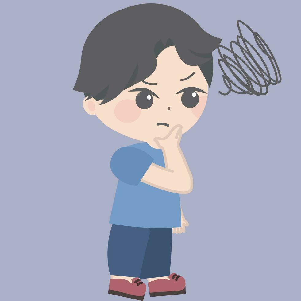 cartoon boy thinking for some minutes, vector illustration, in the style of intertwining materials, free brushwork, frayed, bad painting, violet and gray