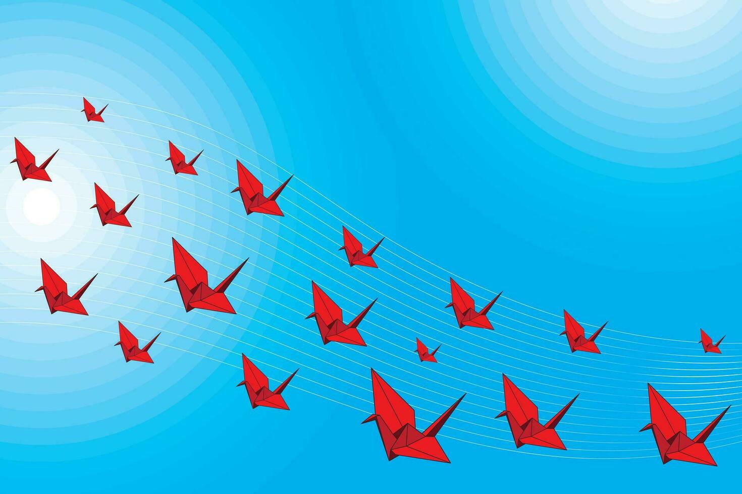 ilustración grupo de rojo origami pájaro volador con línea y azul circulo antecedentes. vector